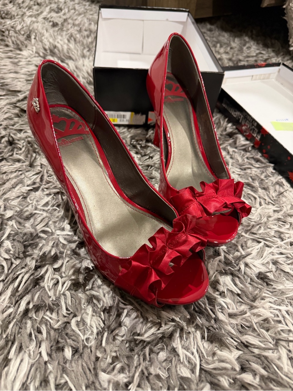 y2k Fergalicious Red Satin Ruffle Peep-Toe Heels